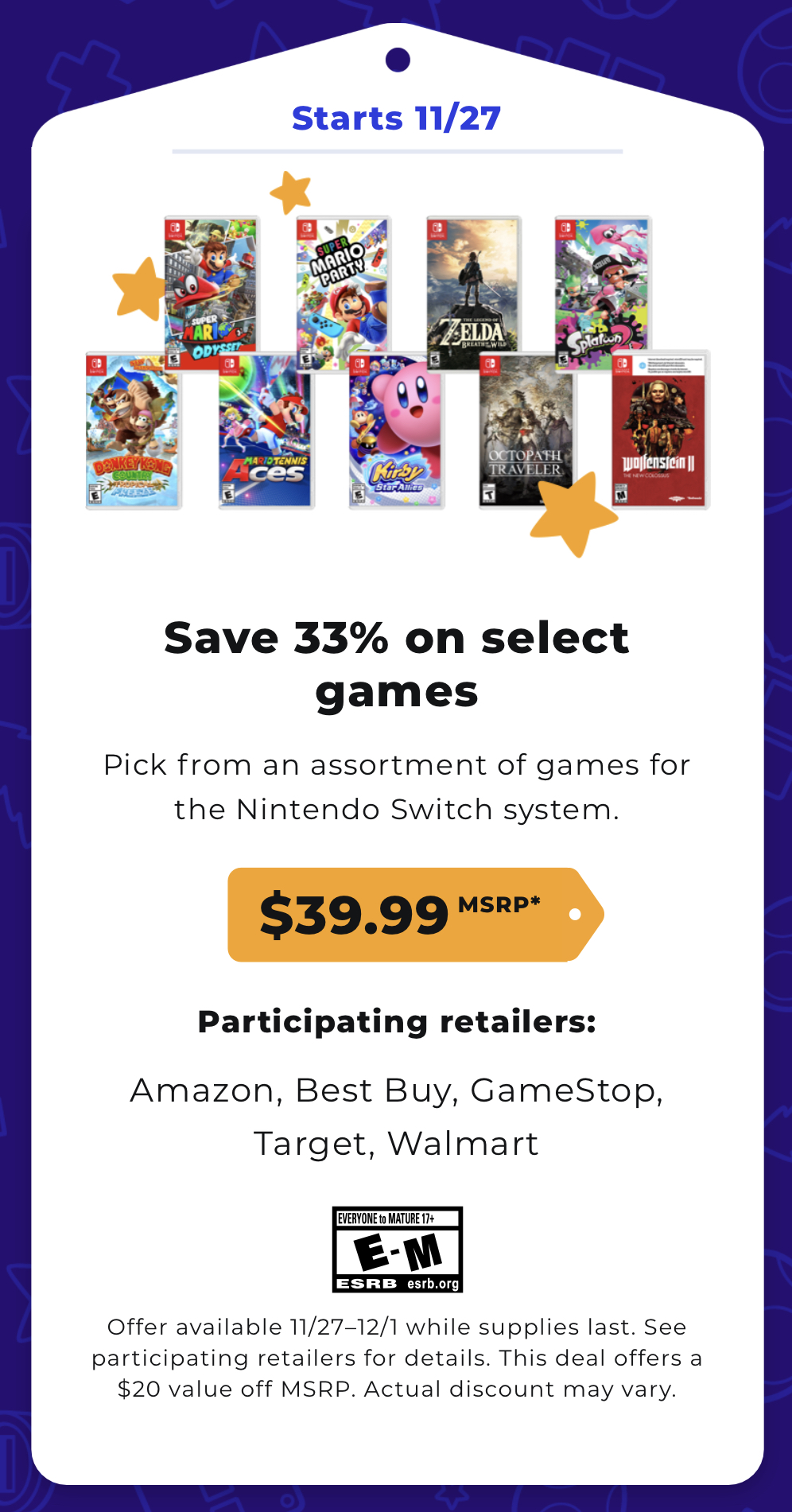 Switch games for 39.99 (11/27-12/1 2019) $39.99