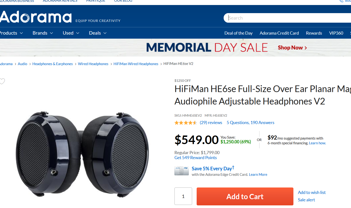 HiFiMan HE6-SE V2 Planar Magnetic Over-Ear Headphones $549 FS (YMMV) $549.99