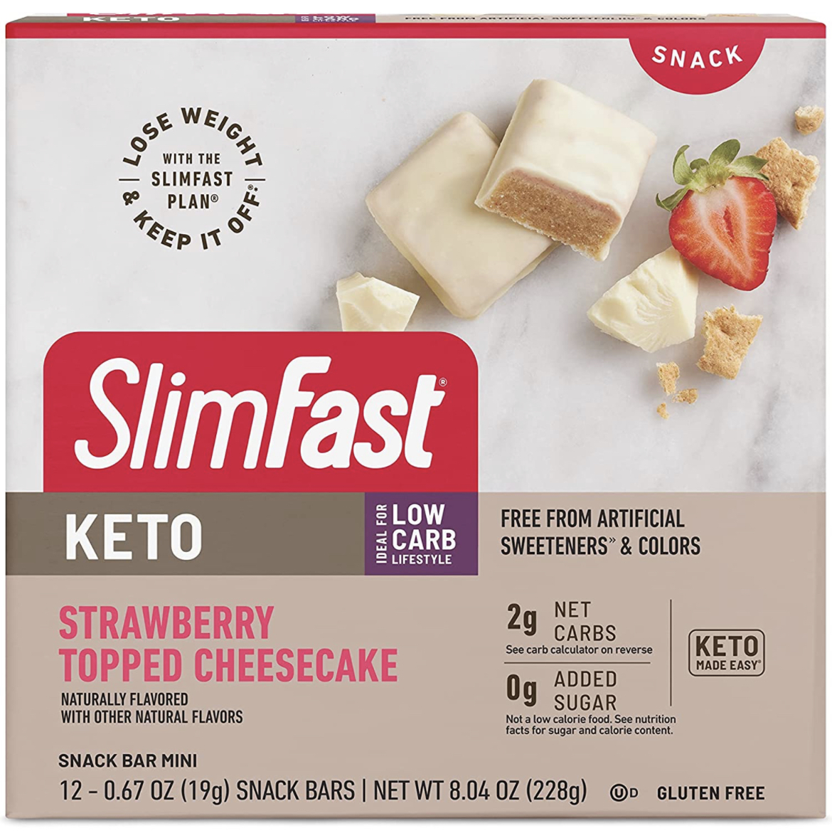 SlimFast Low Carb Snacks, Keto Friendly for Weight Loss with 0g Added Sugar, Strawberry Topped Cheesecake Snack Bar Minis, 12 Count Box (Packaging May Vary) - $6.36