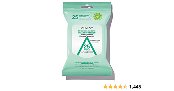 Almay Makeup Remover Cleansing Towelettes, Biodegradable Clear Complexion Wipes for Oily and Acne Prone Skin, Hypoallergenic, Cruelty Free, Fragrance Free, 25 Count - $3.19