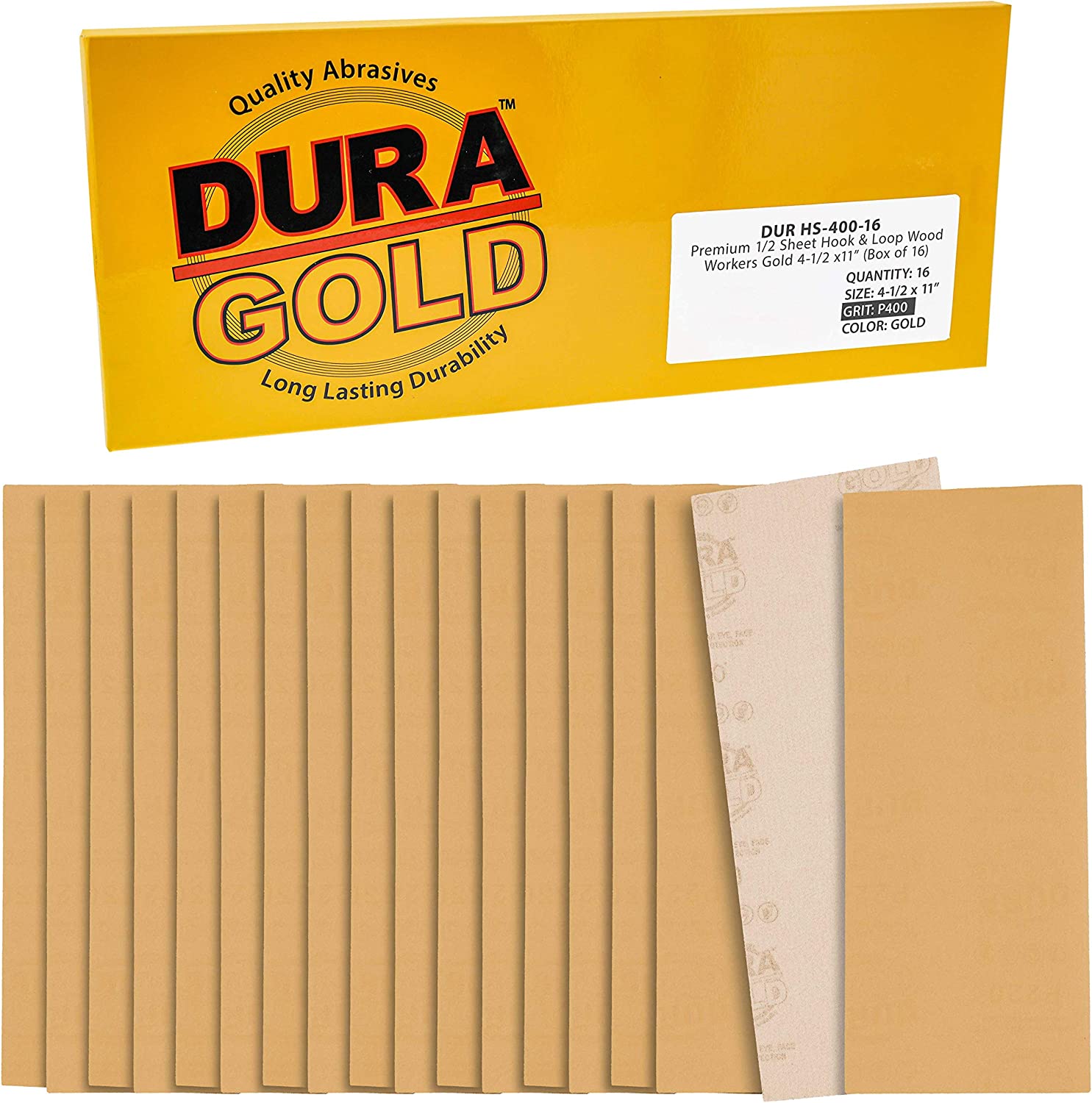 16-Count 4.5" x 11" (1/2 Sheet) Dura-Gold Premium Gold Sandpaper Sheets (400-Grit) $6 + Free Shipping w/ Prime or on $25+.