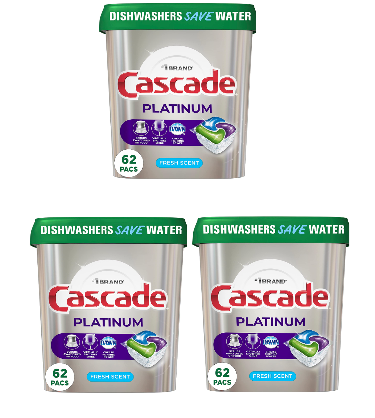 62Count Cascade Platinum ActionPacs Dishwasher Detergent (Fresh Scent) 3 for 40.37 (13.45