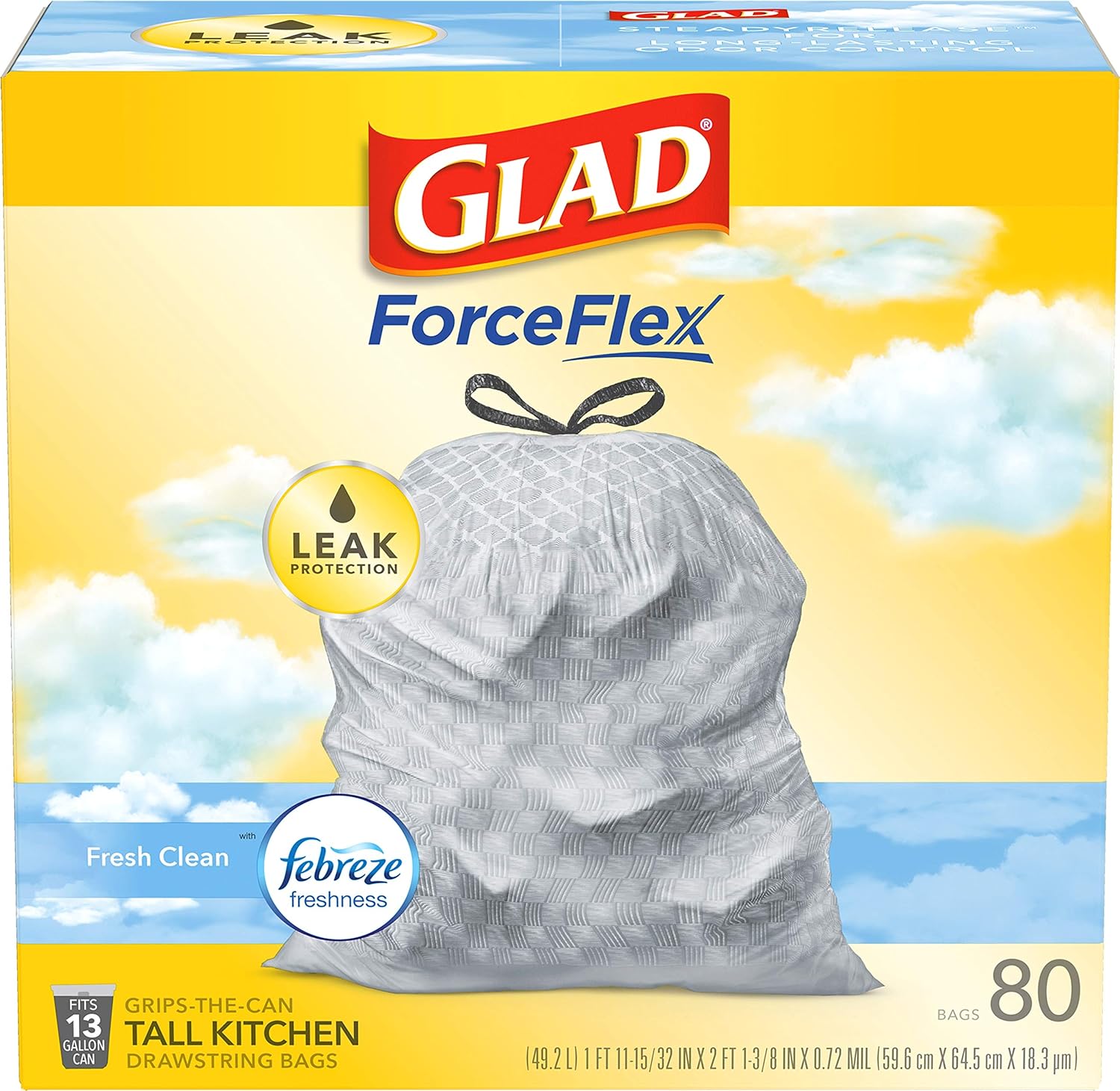 80-Count 13-Gallon Glad ForceFlex Tall Kitchen Drawstring Trash Bags (Febreze) $15.51 + $3 Amazon Credit w/ S&S Free Shipping w/ Prime or on $35+
