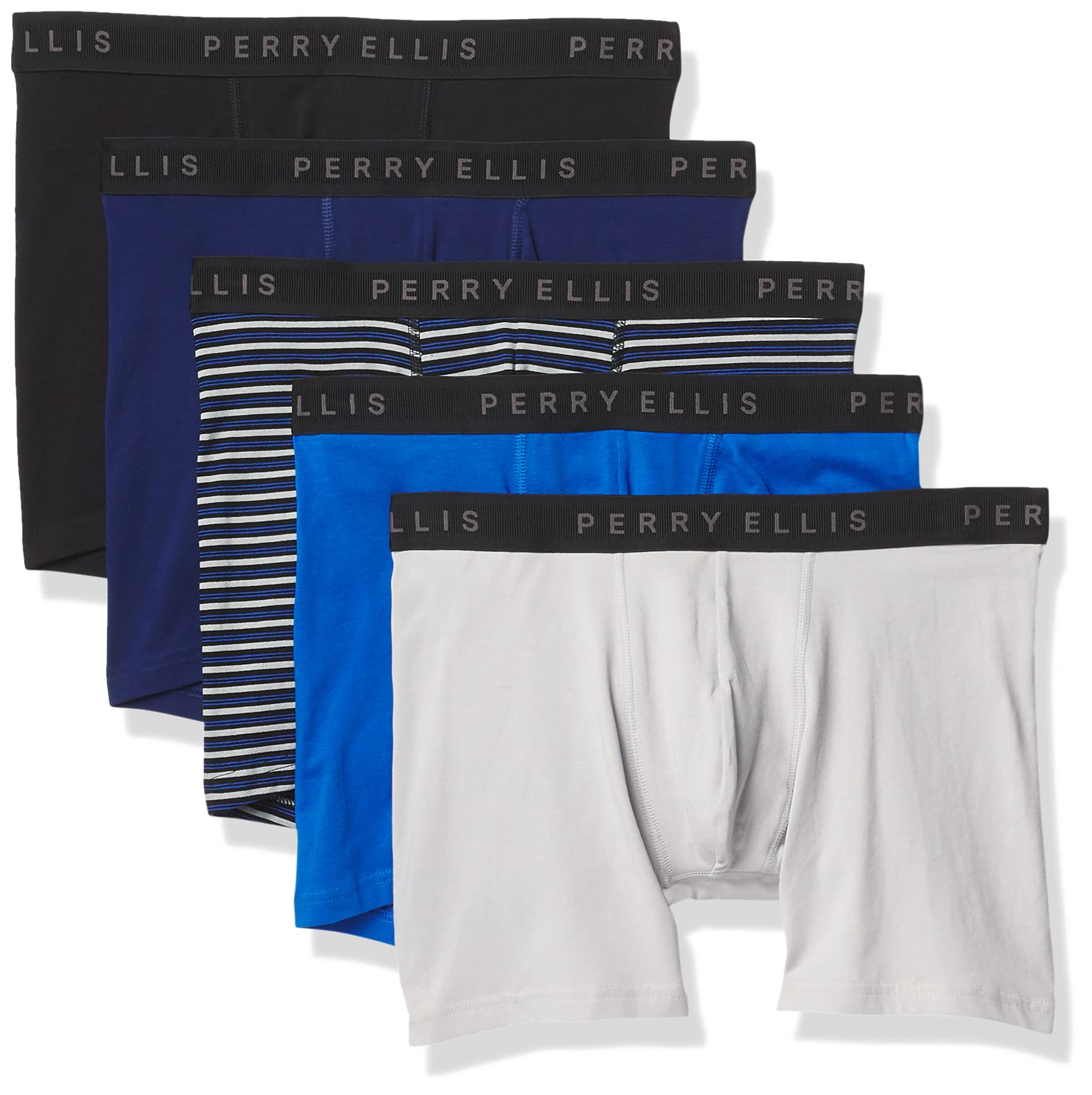 5-Pack Perry Ellis Men's Cotton Stretch TaglessBoxer Briefs (Blue Depths/High Rise/Daphne/Black Rise Stripe/Black, Size: S, M & XL) from $14.65 + Free Shipping w/ Prime or on $35+