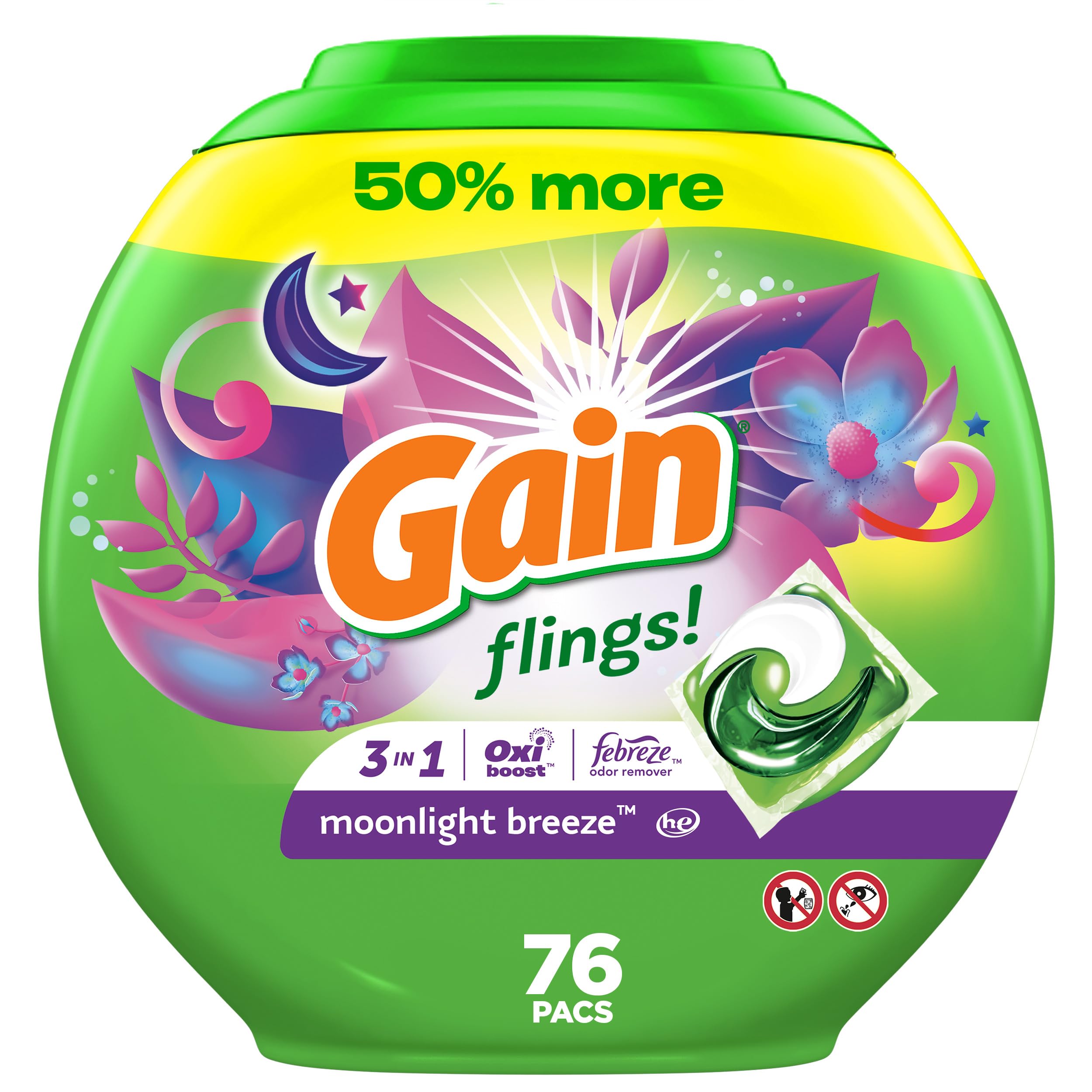 76-Count Gain flings Laundry Detergent Soap Pacs (Moonlight Breeze Scent) $18.99 + $11.50 Amazon Credit + Free Shipping w/ Prime or on $35+