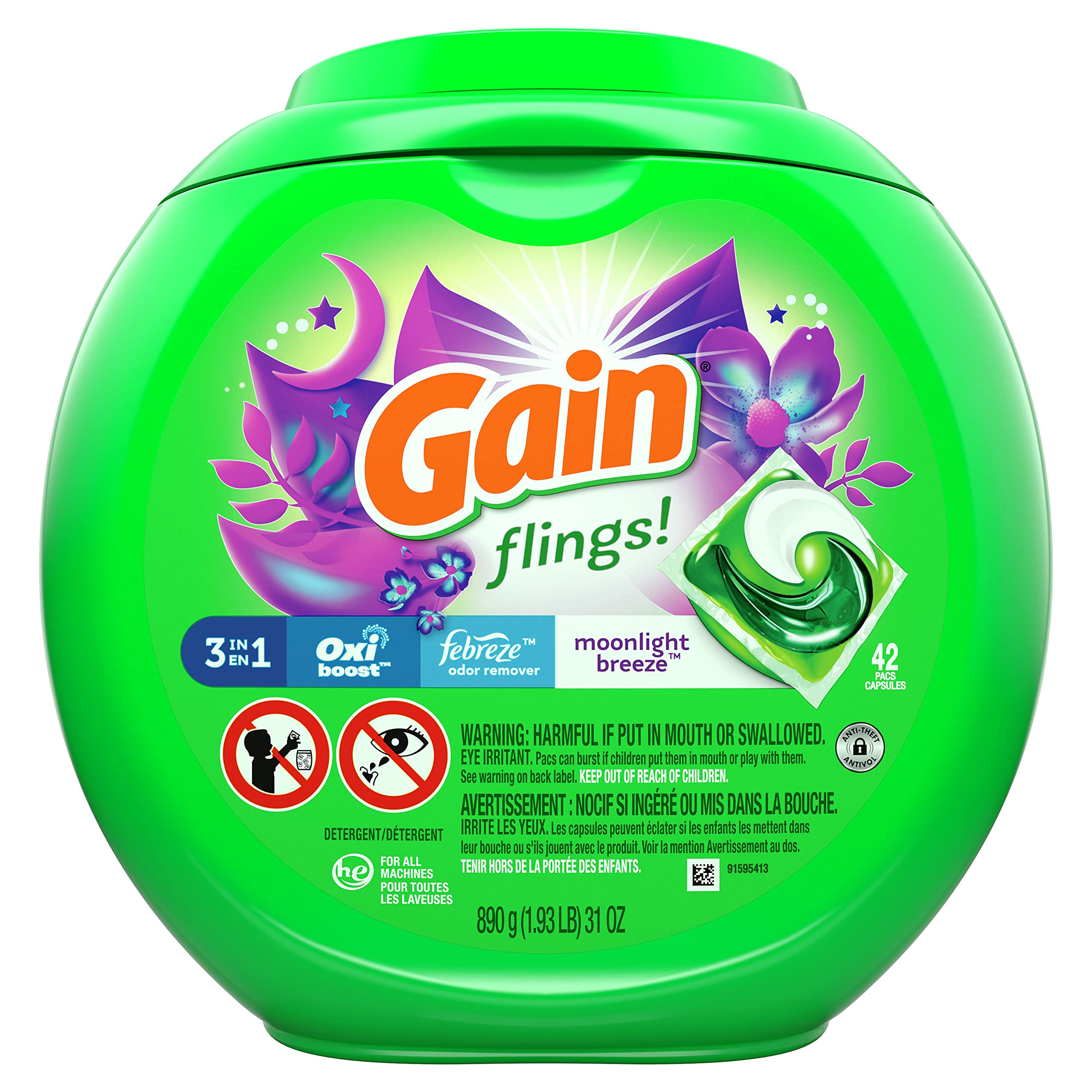 42-Count Gain flings! Liquid Laundry Detergent Pacs (Moonlight Breeze) $12.99 + $6.50 Amazon Credit + Free Shipping w/ Prime or on $35+