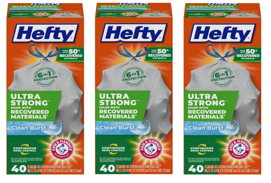 120-Count 13-Gallon Hefty Ultra Strong Made with 50% Recovered Materials* Tall Kitchen Trash Bags (Clean Burst) $16.43 w/ S&S + Free Shipping w/ Prime or on $35+