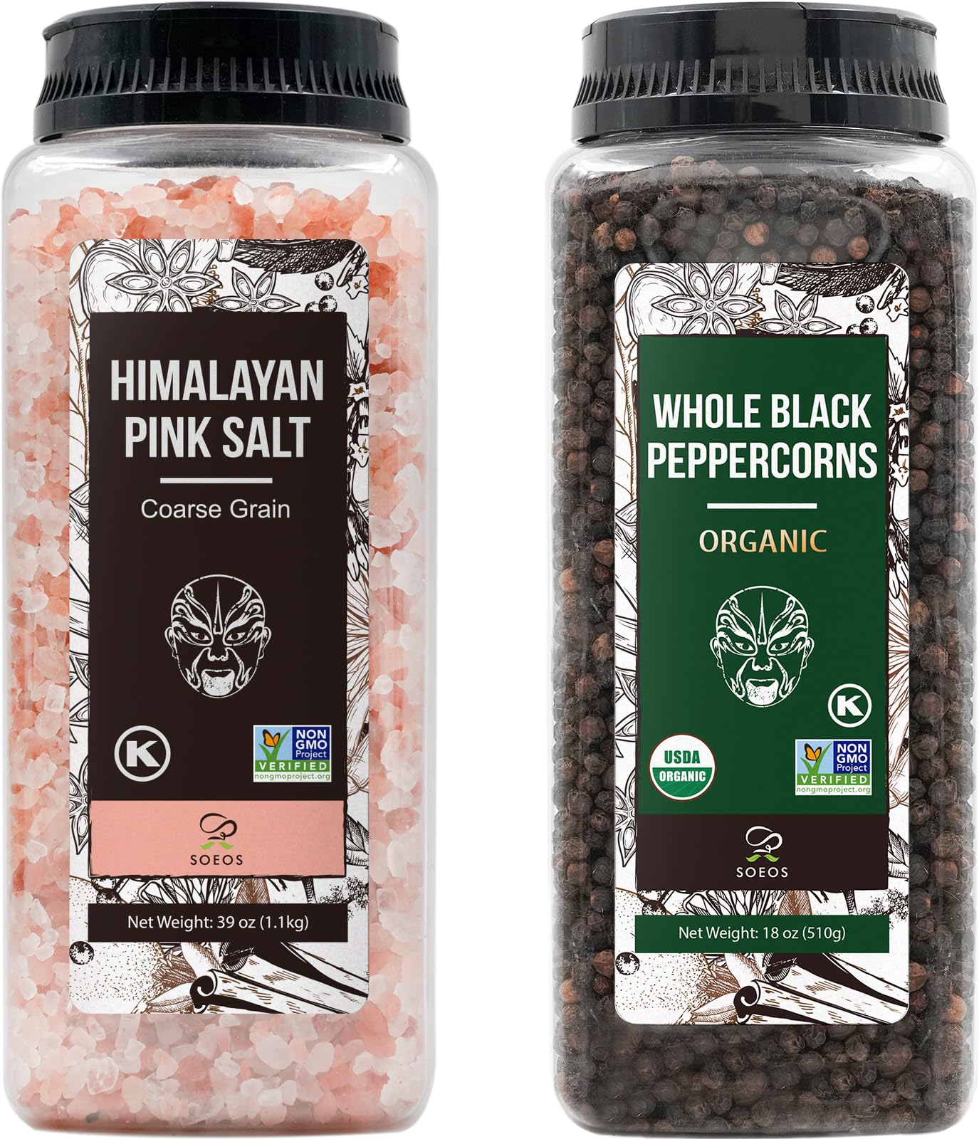 39-Oz Soeos Himalayan Pink Salt Coarse + 18-Oz Organic Black Peppercorns Seasoning Set $16.47 w/ S&S + Free Shipping w/ Prime or on $35+