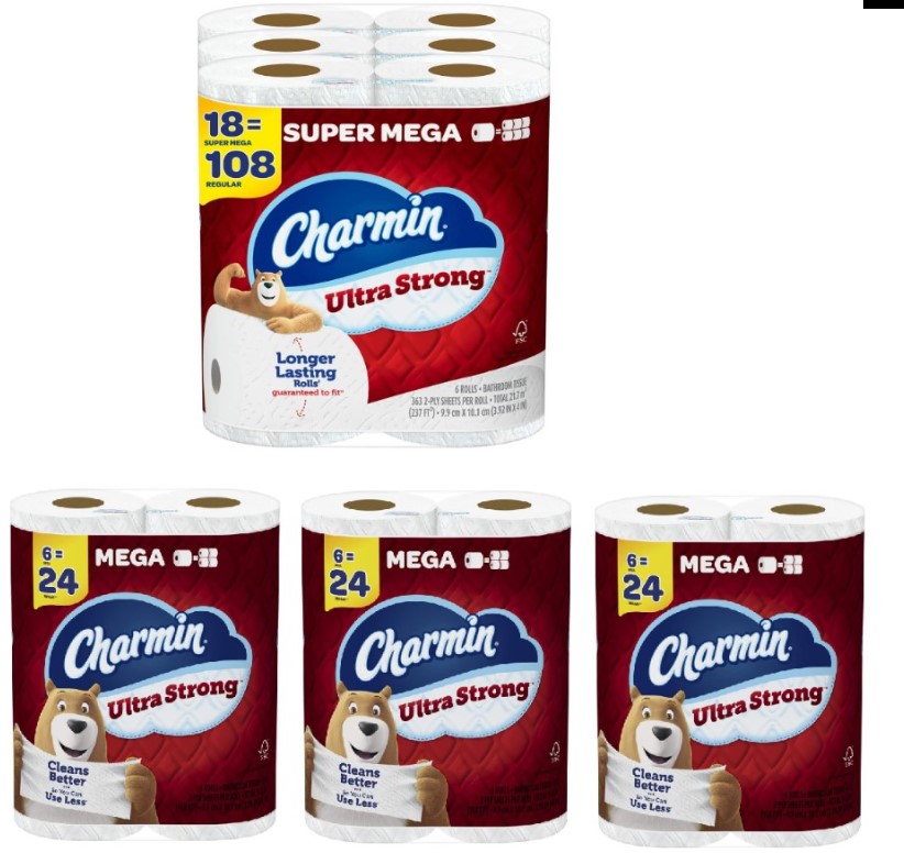 Charmin Ultra Strong: 18-Count Super Mega Rolls + 18-Count Mega Rolls + $15 Amazon Credit $52.48 w/ S&S & More + Free Shipping
