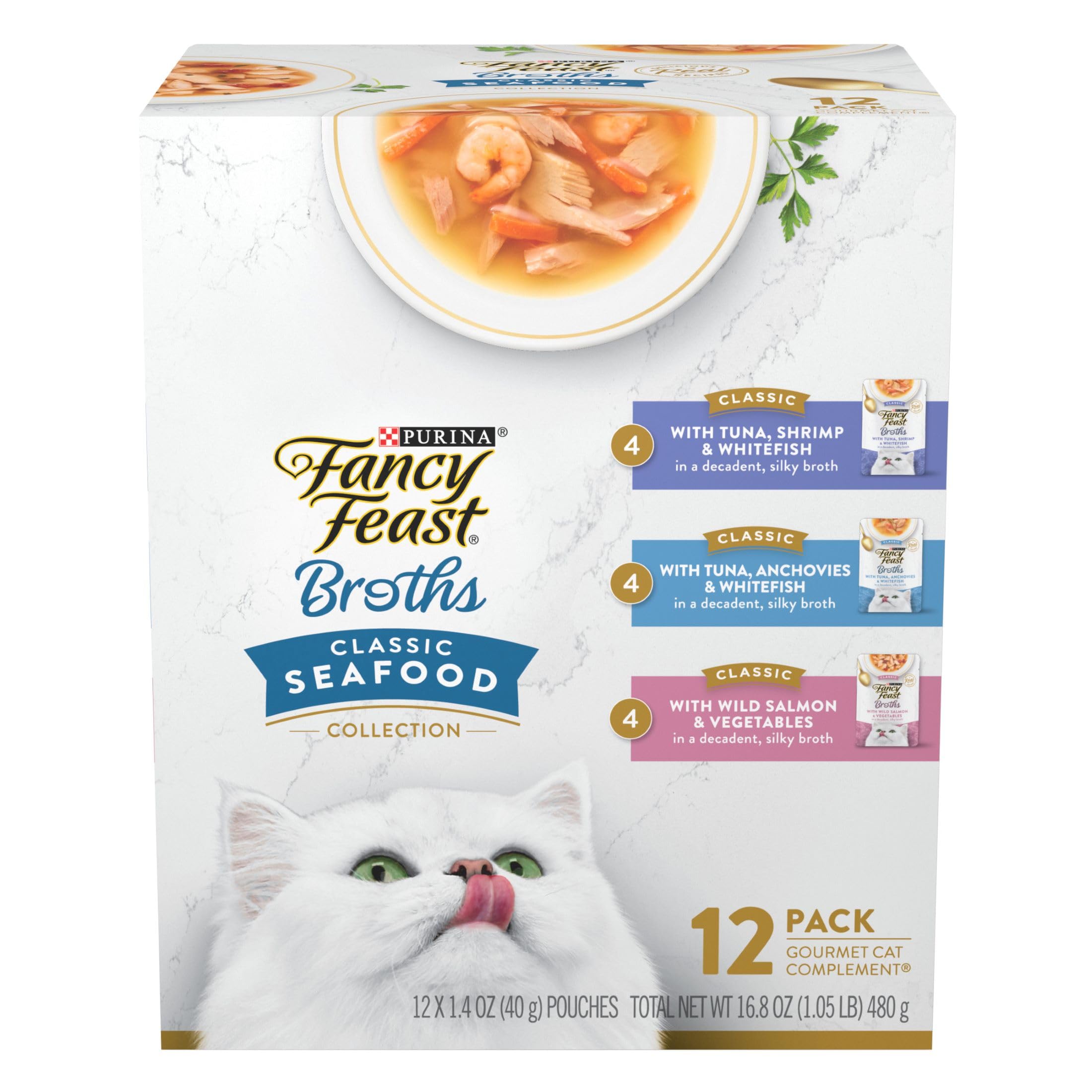 12-Pack 1.4-Oz Purina Fancy Feast Seafood Broth Lickable Cat Food (Variety Pack) $8 w/ S&S + Free Shipping w/ Prime or on $35+