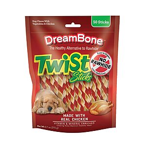 50-Count DreamBone Twist Sticks Rawhide-Free Chews For Dogs (Real Chicken) $  6.82 w/ S&S + Free Shipping w/ Prime or on $  35+