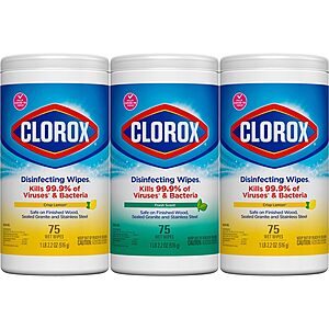 3-Pack 75-Count Clorox Disinfecting Wipes (Fresh Scent & Crisp Lemon) $  9.49 w/ S&S + Free Shipping w/ Prime or on $  35+