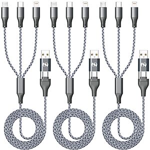 3-pk 4' HYXing 6-in-1 Fast Charging Cable w/ Type-C/Micro/Lightning & USB A/C Port 