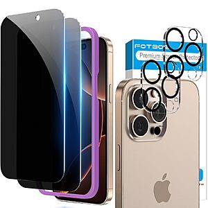 2-Pack Fotbor iPhone 16 Pro Privacy Screen Protector w/ 2-Pack Camera Lens Protector $3.99 + Free Shipping w/ Prime or on $35+