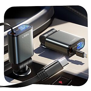 LISEN 3-Port USB Car Charger w/ Retractable 30W USB C Cable $8.95