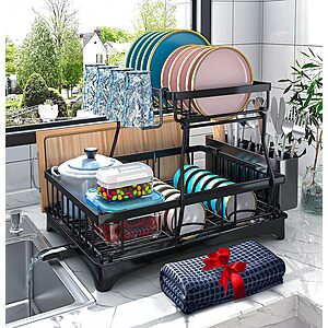 [Prime] 2-Tier Godboat Dish Drying Rack w/ Auto-Drain & Mat $17.49 + Free Shipping