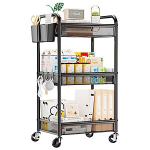 3-tier YASONIC Metal Utility Storage Rolling Cart w/ Hanging Cups & Hooks $17 
