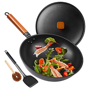 [Prime] 13" Bretor Flat Bottom Carbon Steel Nonstick Wok Pan w/ Black Lid $20.51 + Free Shipping