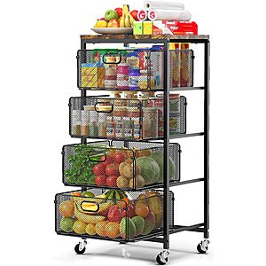 [Prime] 4-Tier SUNALLY Metal Rolling Kitchen Cart w/ Drawers & Lockable Wheels (Black or White) $32.49 + Free Shipping