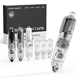 3-Piece Four Candies Refillable Retractable White Correction Tape w/ 3 Extra Refills & More or on