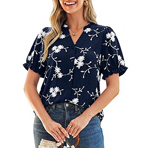 Simplee Womens Button Down Puff Ruffle Short Sleeve Blouse Tops (Various) $7.49 + Free Shipping w/ Prime or on $35+