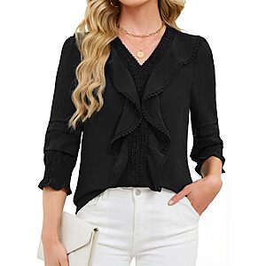 Funlingo Women's 3/4 Length Sleeve Ruffle V Neck Lace Top w/ Smocked Cuffs  (Various) $8.99 + Free Shipping w/ Prime or on $35+
