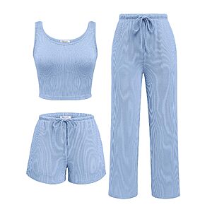 3-Pc Ekouaer Women's Lounge Crop Top Shorts & Pants Set w/ Pockets (Various) $14