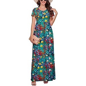 DEARCASE Women's Floral Medium Round Neck Boho Maxi Dress w/ Pockets (Various) $13.99 + Free Shipping w/ Prime or on $35+