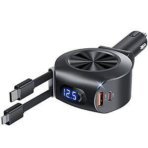 Koopao 69W 4-in-1 Retractable Car Charger W/ USB-C & Lightning Cables