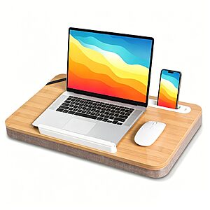 21.1" x 12.9" wishacc Portable Lap Desk Tray w/ Ergonomic Cushion (Natural Wood) or on