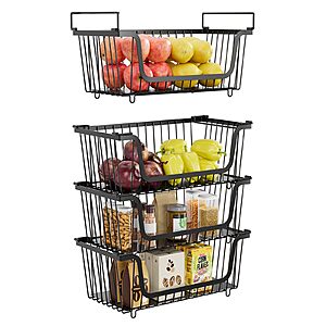 4-Pack XILIDIA Stackable Wired Metal Pantry Organizer Baskets (Black) $15 & More