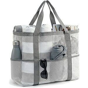 JOYPICKS Large Mesh Beach Tote Bag w/ 8 Exterior Pockets from