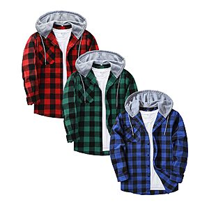 3-Pk ZITY Men's Long Sleeve Plaid Flannel Hoodie Shirts (Various) $20 + Free S&H
