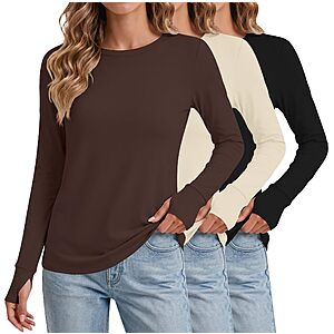 3-Pack Ekouaer Women's Long Sleeve Crew Neck Thermal Tops w/ Thumb Hole (Black/ Beige/ Brown) $14.99 + Free Shipping w/ Prime or on $35+