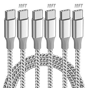 3-Pack 10' 60W KYEHD USB C to USB C Fast Charging Cable (Grey White) $3.99 + Free Shipping w/ Prime or on $35+