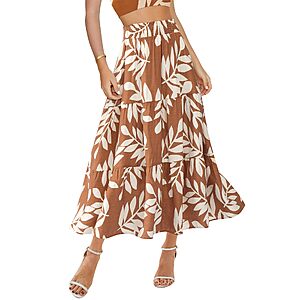 BTFBM Women's Elastic Waist A Line Flowy Floral Midi Skirt w/ Pockets $11