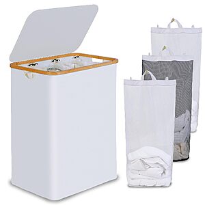 160L efluky 3-Section Laundry Hamper w/ Lid & 3x Removable Bags (White) $16 