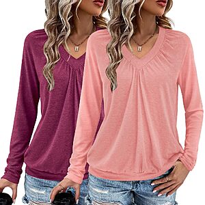 2-Pack AIZHINENG Women's V Neck Ruched Long Sleeve Tops $9.74 + Free Shipping w/ Prime or on $35+