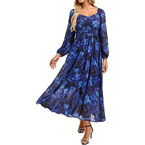 GRACE KARIN Women's Floral Long Sleeve Sweetheart Neck A-Line Maxi Dress .50