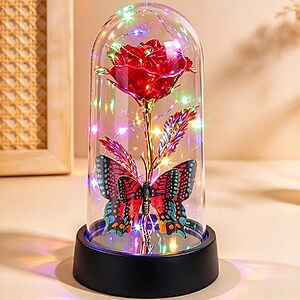 JZILU Light-Up Forever Artificial Rose in Glass Dome w/ LED Lights $4.99 + Free Shipping w/ Prime or on $35+