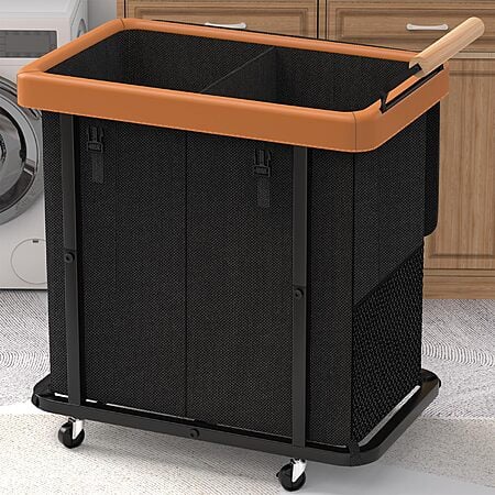 50 Gal  2-Section Leather Patchwork Rolling Laundry Hamper w/ Lid (Black) $29.99 + Free Shipping