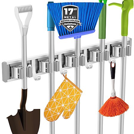 reliahom 5-Racks Wall-Mount Broom & Mop Holder w/ 4-Hooks $7.49 + Free Shipping w/ Prime or on $35+