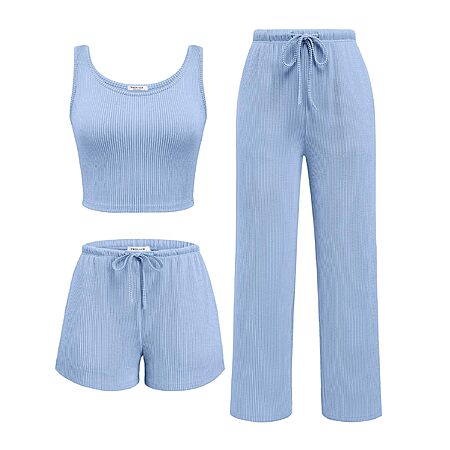 3-Piece Ekouaer Women's Lounge Crop Top Shorts & Pants Set w/ Pockets (Various) $13.99 + Free Shipping w/ Prime or on $35+
