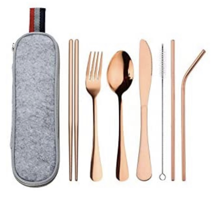 Amazon has WeTest Portable Travel Utensils for Office Lunch or Camping, 8 Pcs with Straw, Stainless Cutlery Set with Straight Straw and Knife, Fork, Spoon (Rose Gold) for $7.87