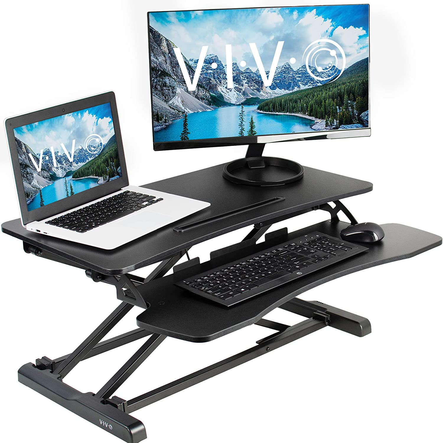 Used Like New Vivo Black Height Adjustable 32 Inch Standing Desk Converter Sit Stand Dual Monitor And Laptop Riser Workstation Desk V000k 101 85