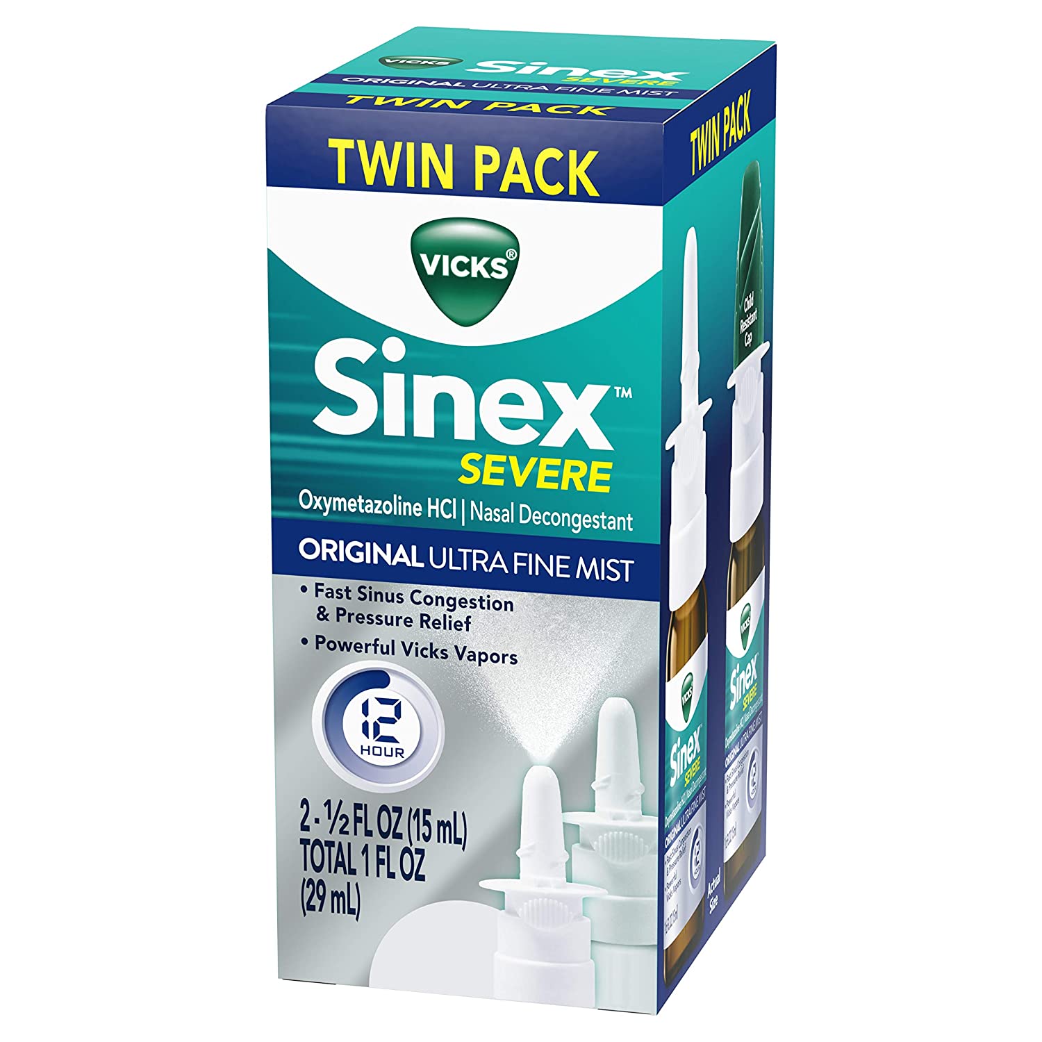 Twin Pack, 2 x 0.5 FL OZ, Vicks Sinex SEVERE Original Ultra Fine Mist Sinus Nasal Spray Decongestant for Fast Relief of Cold and Allergy Congestion $11.85