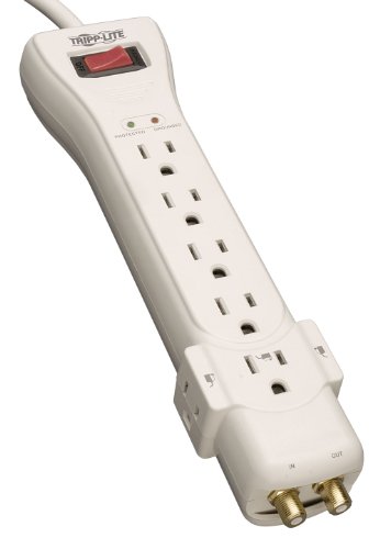 Tripp Lite Protect It! 7-outlet surge protector coaxial 2160 joules 330/400/400 let through rating $17.95 at Amazon