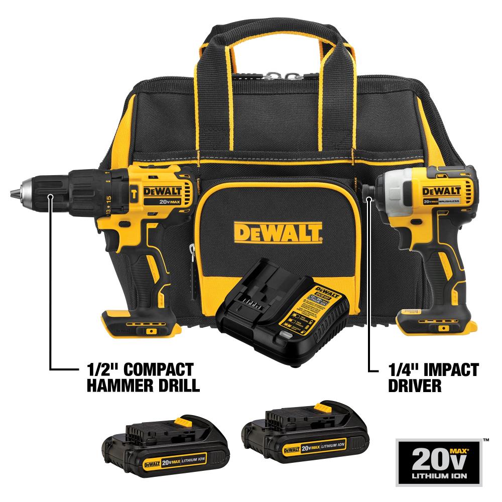 DEWALT 2-tool 20V brushless combo kit (hammer drill, impact driver) w/two 1.3Ah batteries and charger for $103.20