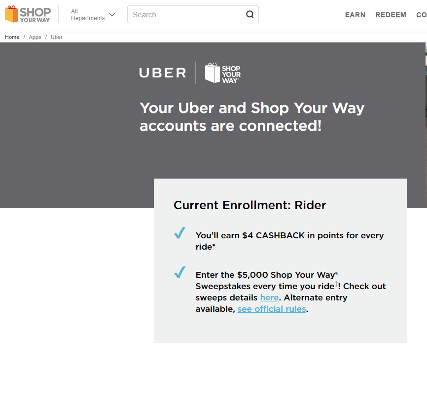 Uber  - $4 Shop Your Way CASHBACK in points for every ride - May Be targeted YMMV