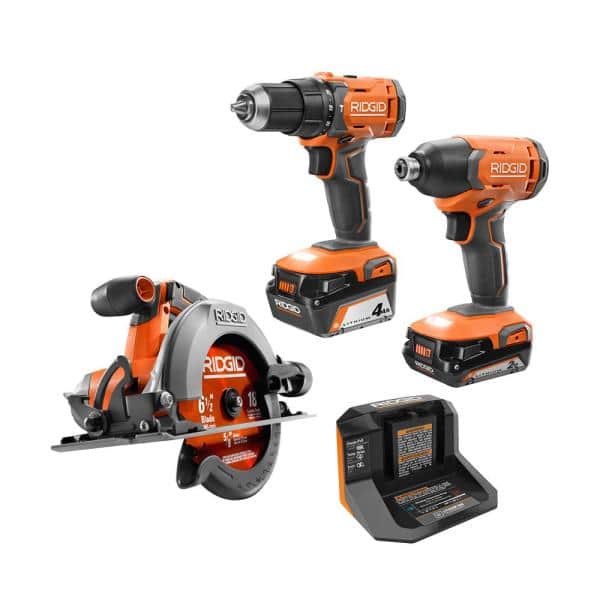 RIDGID 18V Cordless Hammer Drill, Impact Driver & Circular Saw Combo Kit